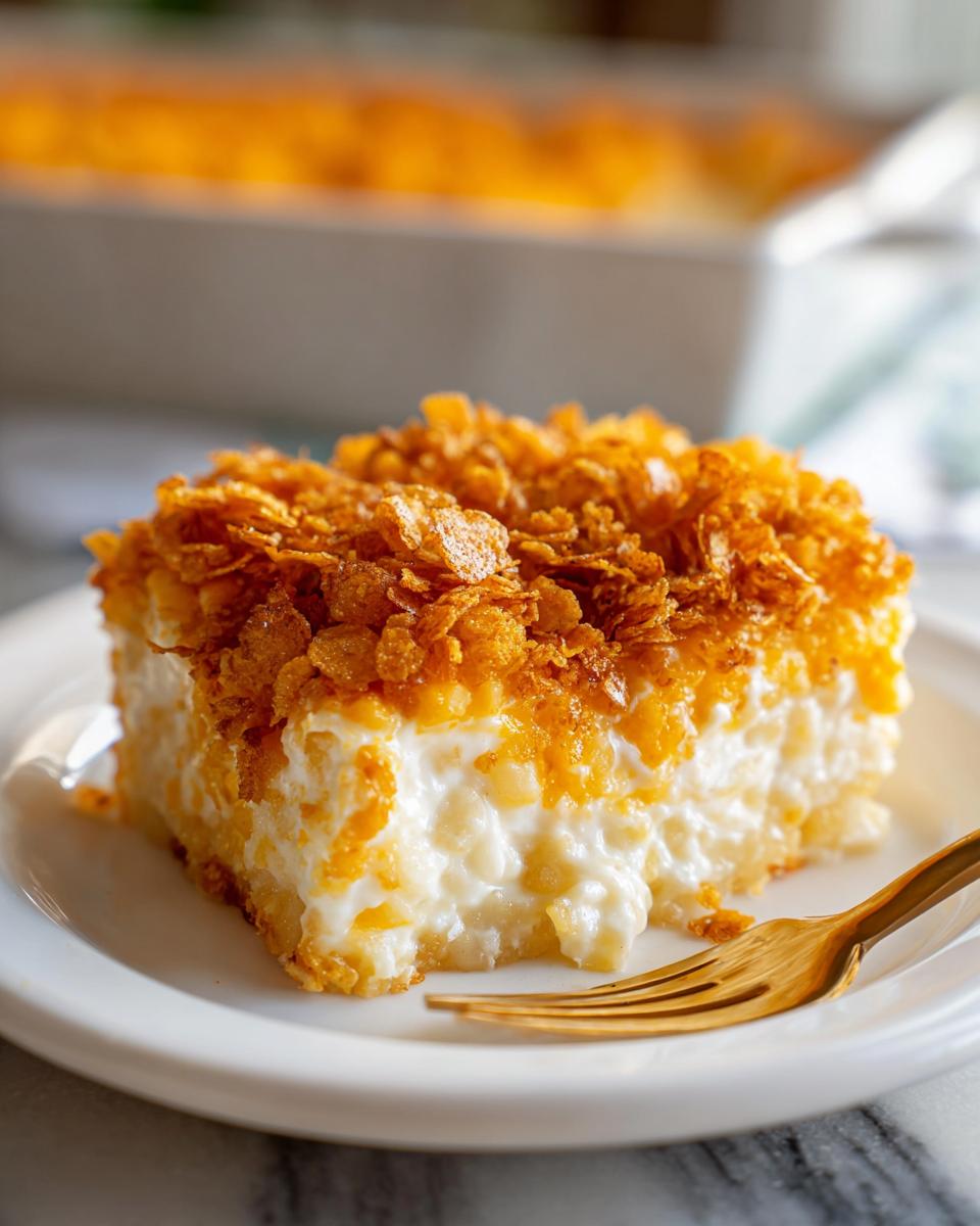 A close-up of a serving of creamy funeral potatoes recipe topped with golden, crunchy cornflakes on a white plate.