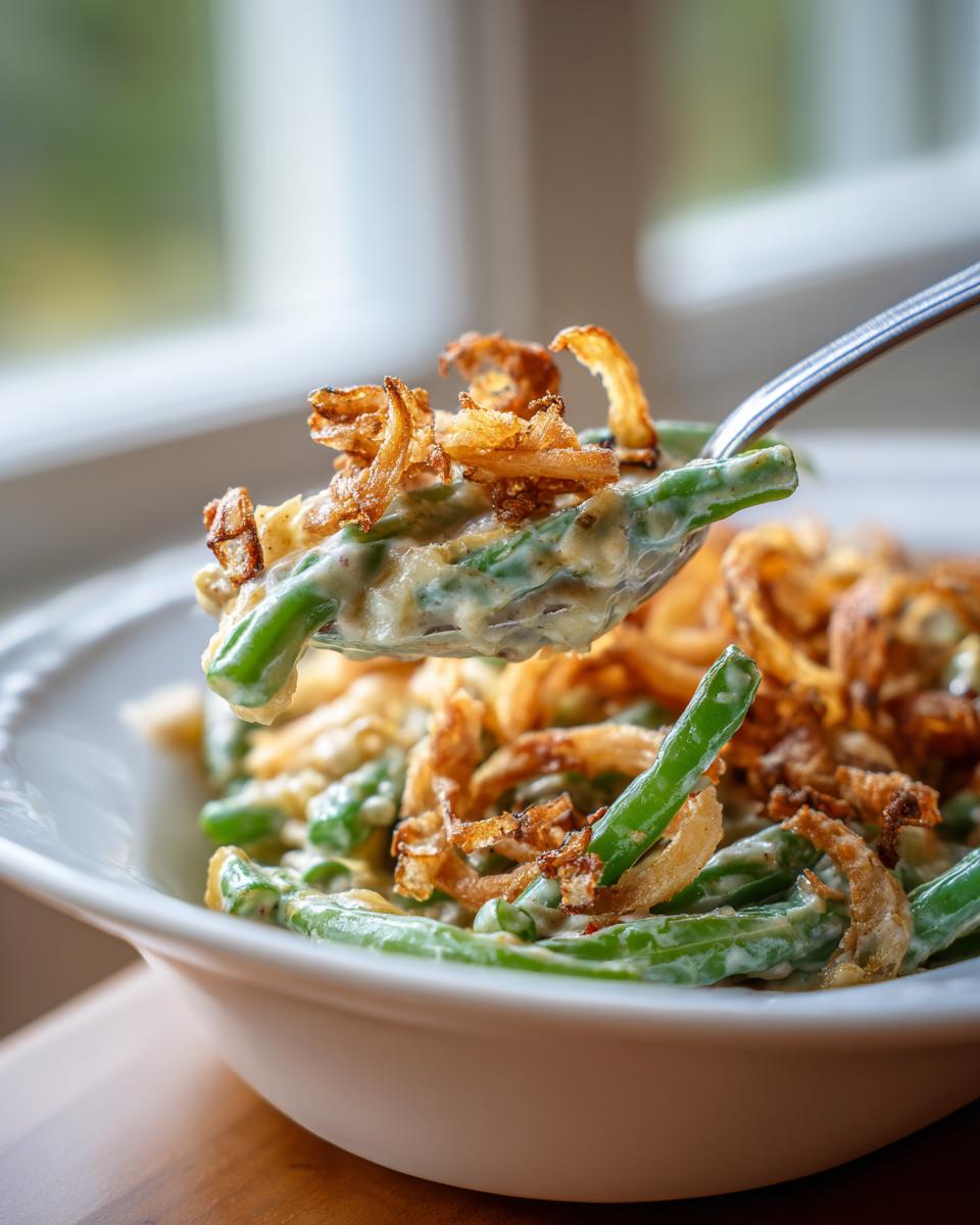 A fork lifting a spoonful of creamy green bean casserole topped with crispy fried onions.