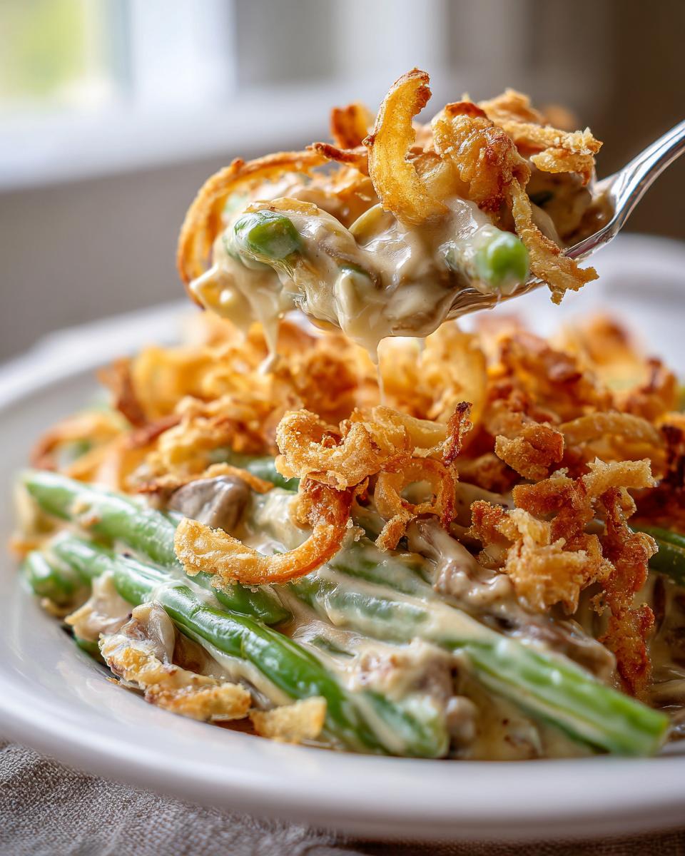 A spoonful of creamy green bean casserole topped with crispy fried onions being lifted from a white dish.