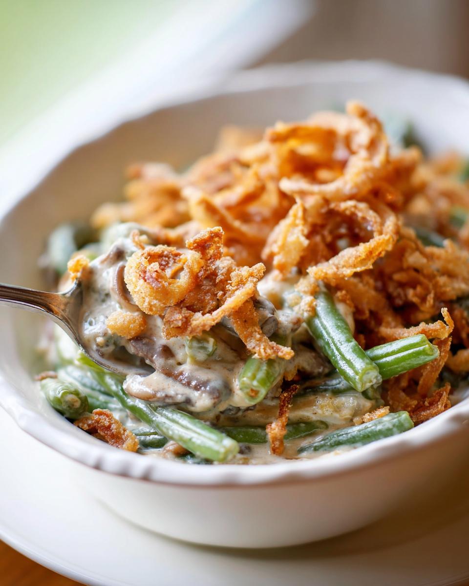 A spoonful of creamy green bean casserole topped generously with crispy fried onions being lifted from a white bowl.