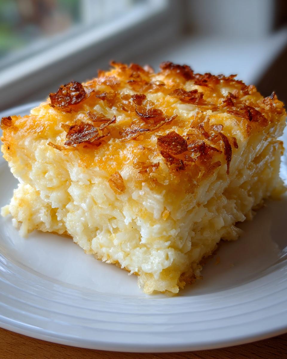 A square serving of creamy hashbrown casserole with a golden, crispy topping, served on a white plate.