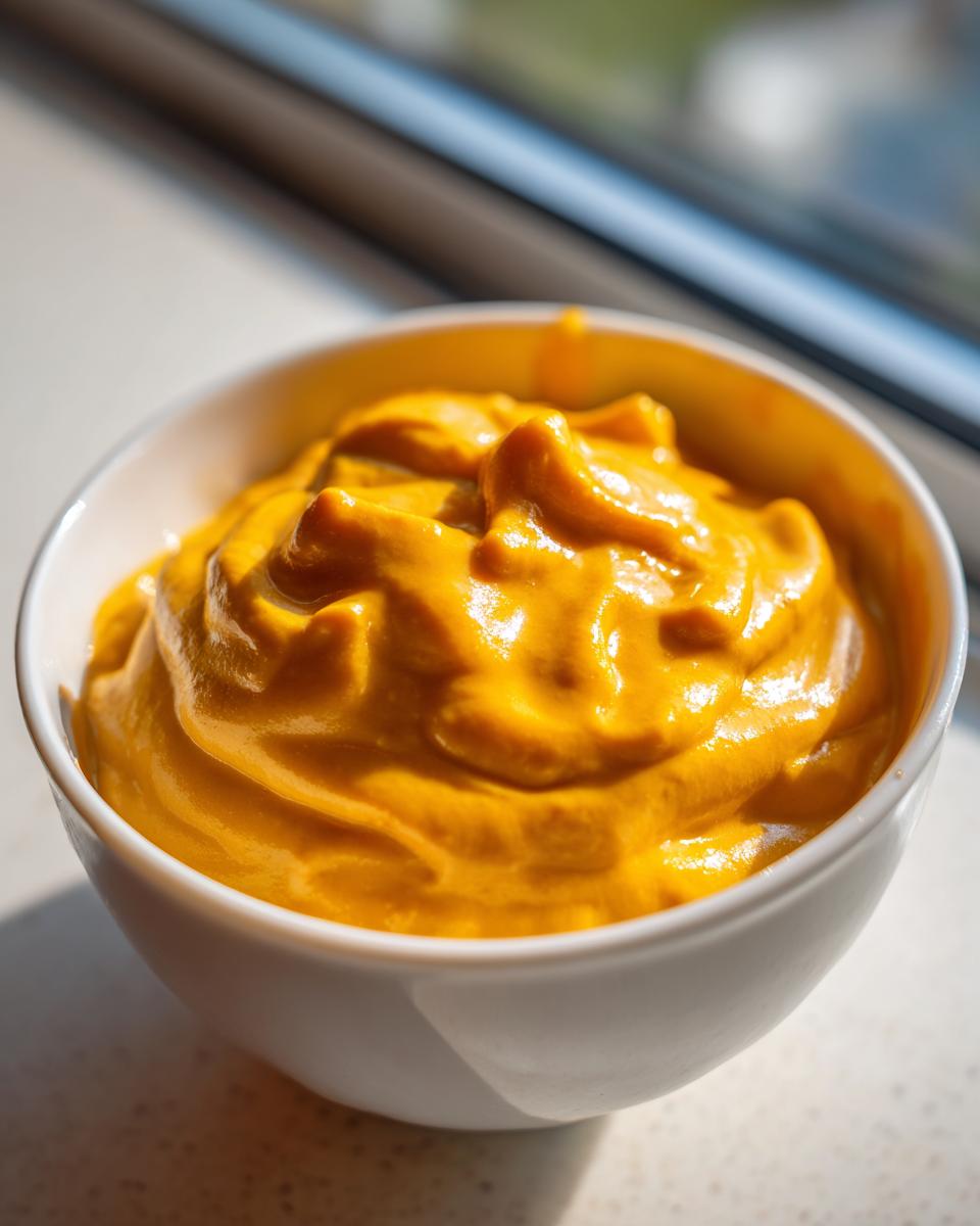 A close-up of thick, bright orange homemade nacho cheese sauce served in a small white bowl.