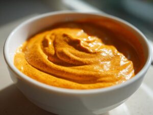 Close-up of thick, vibrant orange homemade nacho cheese sauce swirled in a small white bowl.