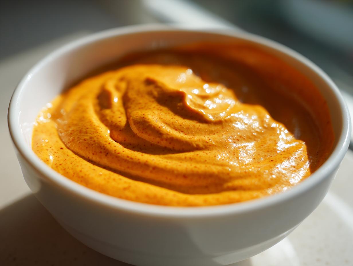 Close-up of thick, vibrant orange homemade nacho cheese sauce swirled in a small white bowl.