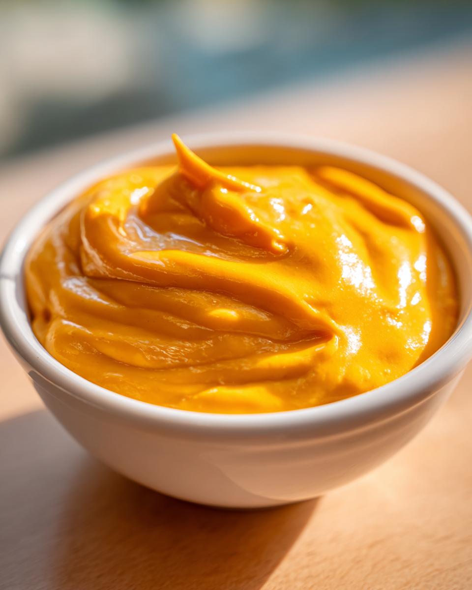 Close-up of rich, vibrant orange homemade nacho cheese sauce swirled in a small white dipping bowl.