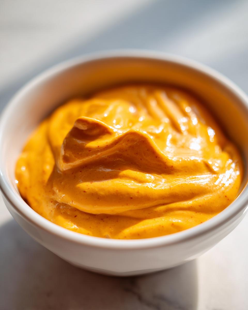Close-up of thick, bright orange homemade nacho cheese sauce with visible spice flecks in a small white bowl.