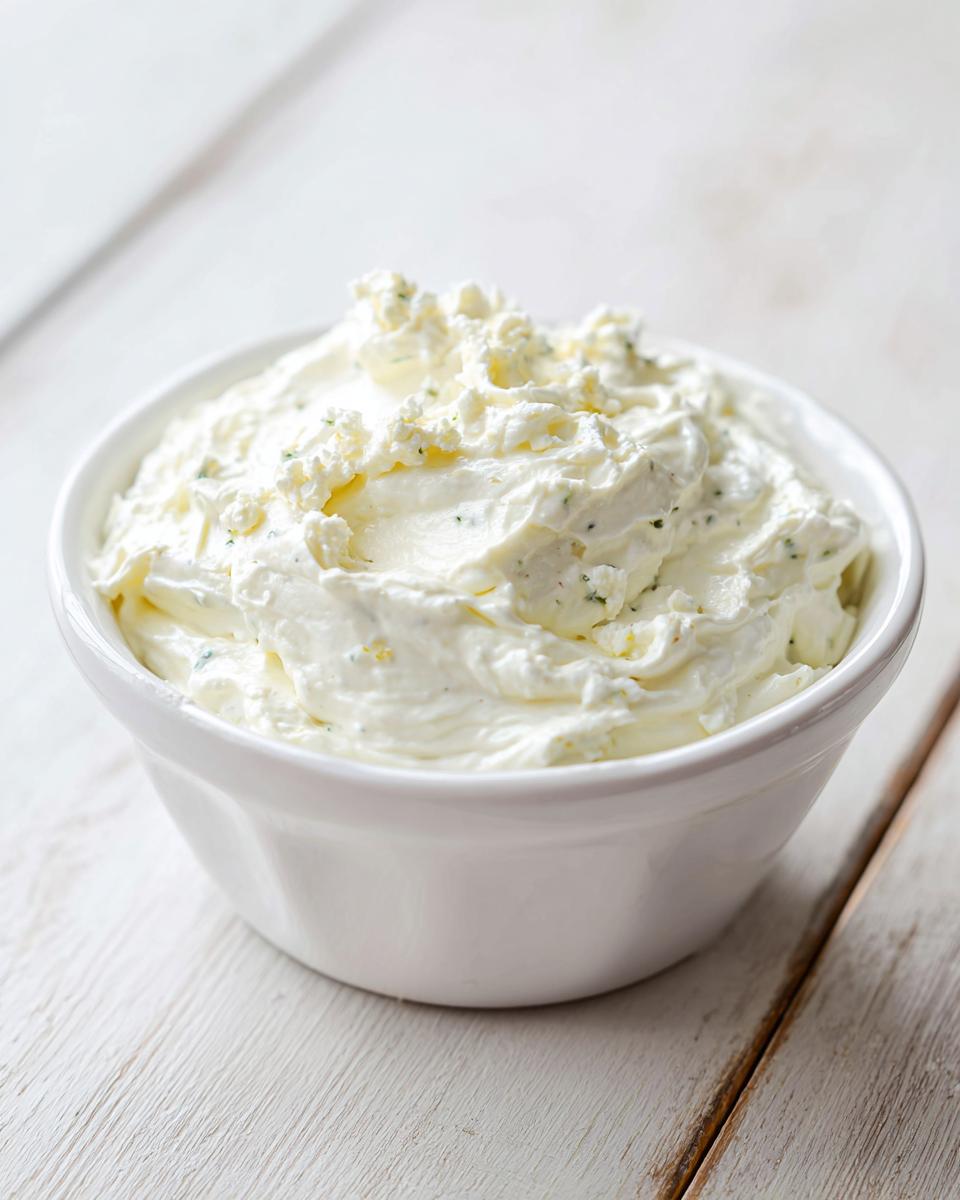A close-up of creamy, white horseradish sauce for prime rib, flecked with green herbs, served in a white bowl.