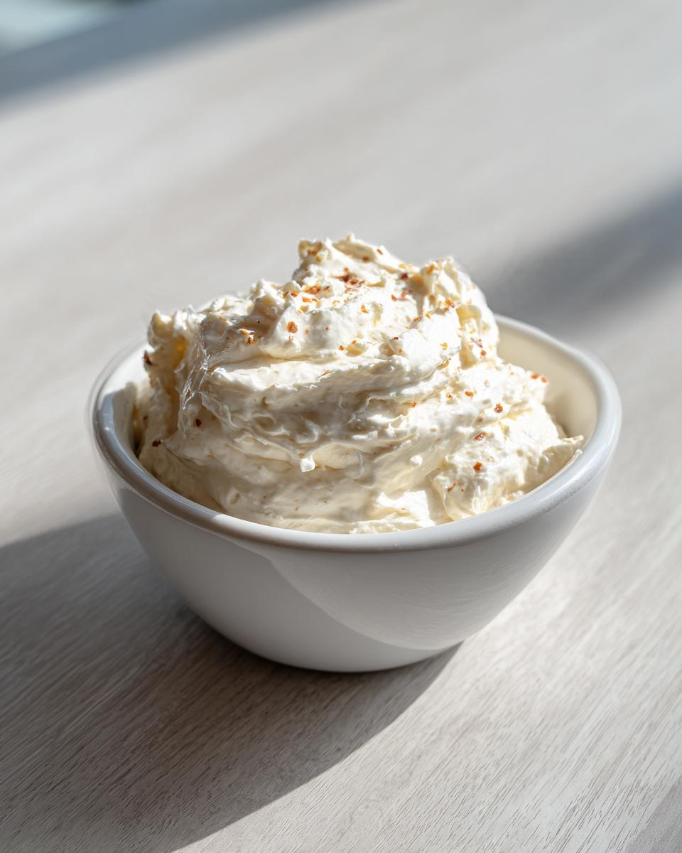 A small white bowl filled with fluffy, creamy horseradish sauce for prime rib, sprinkled with spices.