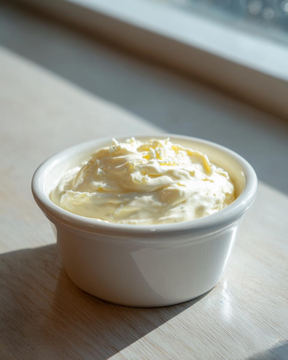 A small white bowl filled with creamy horseradish sauce for prime rib, sitting on a light wooden surface near a window.