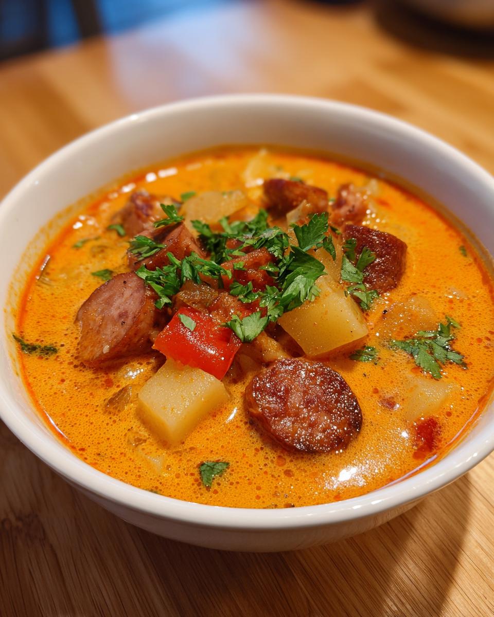 Close-up of a creamy, orange-hued kielbasa potato soup in a white bowl, topped with fresh parsley.
