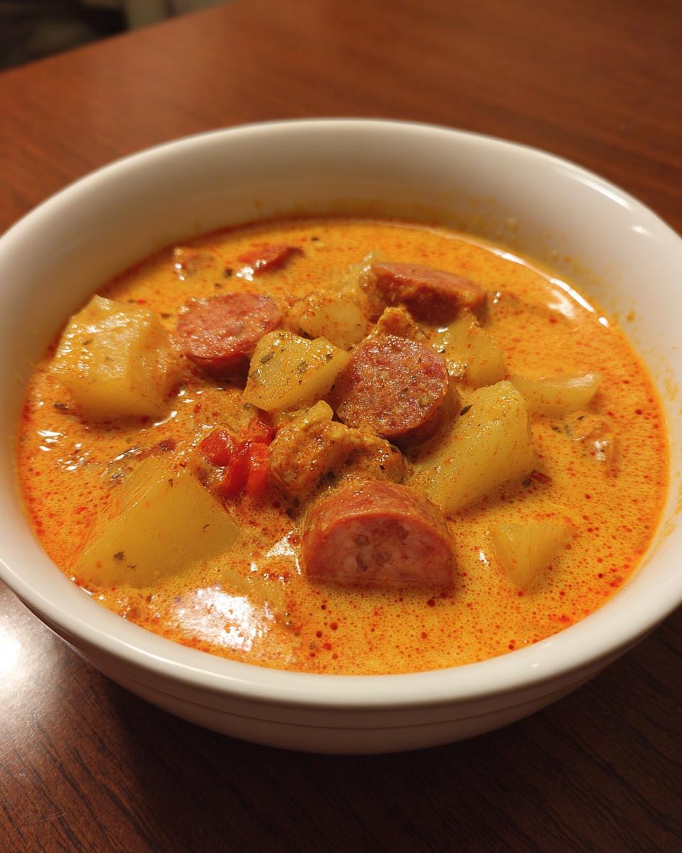 Close-up of a hearty bowl of creamy kielbasa potato soup with chunks of sausage and potatoes.