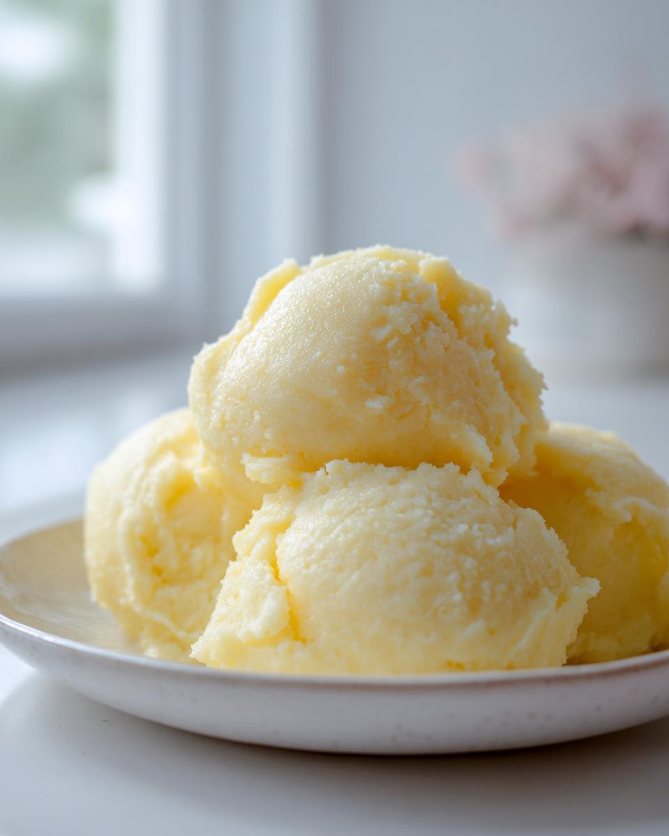 Four scoops of fluffy, pale yellow creamy mashed potatoes served on a small white plate.