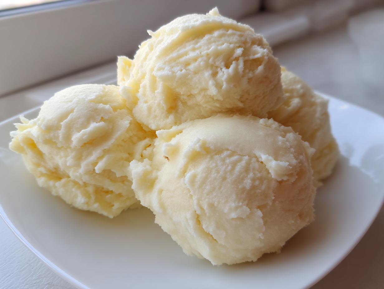 Four scoops of incredibly creamy mashed potatoes served on a white square plate.