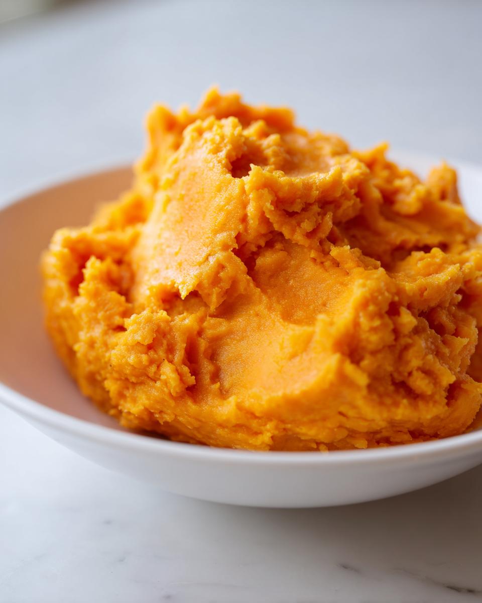 A close-up of fluffy, vibrant orange mashed sweet potatoes served in a simple white bowl.