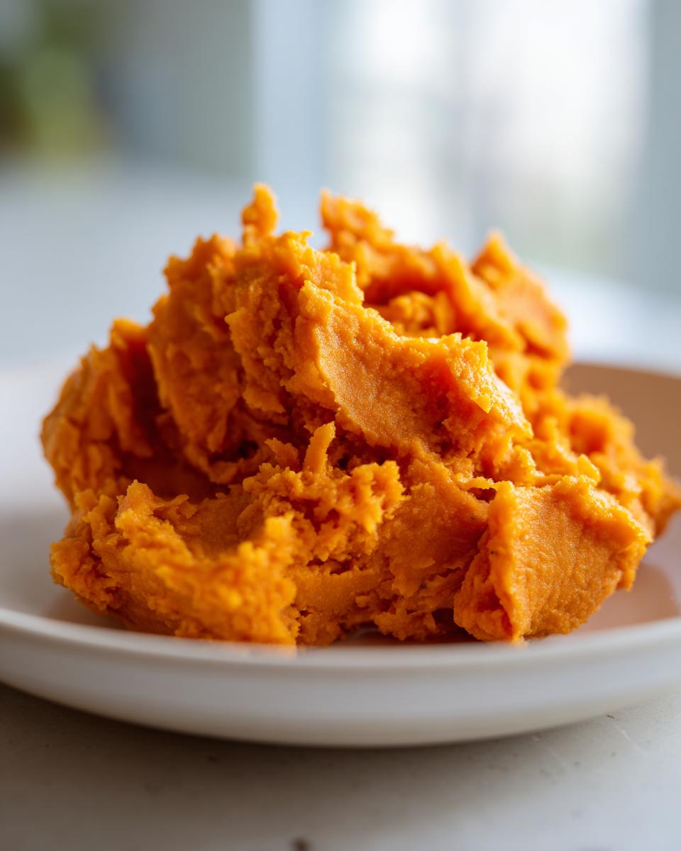 A close-up, vibrant orange mound of creamy mashed sweet potatoes served on a simple white plate.