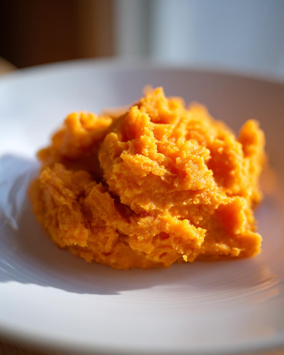 A close-up of a dollop of bright orange, creamy mashed sweet potatoes served on a white plate.