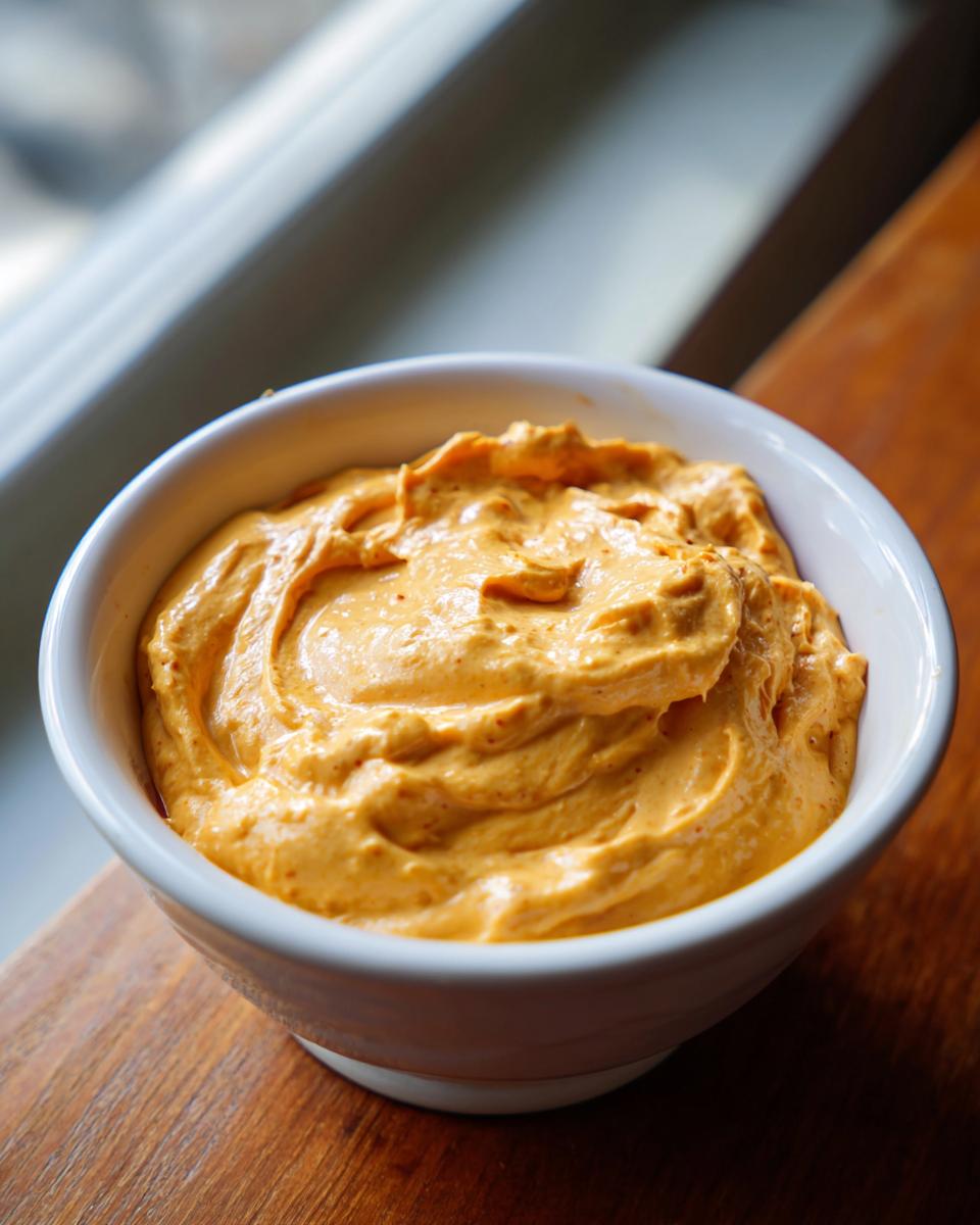 A close-up of thick, orange beer cheese dip swirled in a small white bowl on a wooden surface.