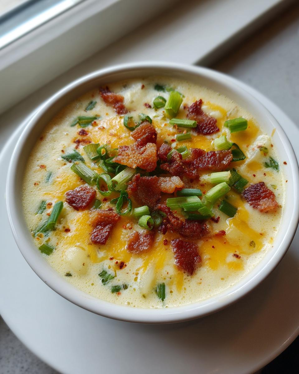 Close-up of a creamy bowl of potato soup recipe topped with melted cheddar, bacon bits, and fresh green onions.