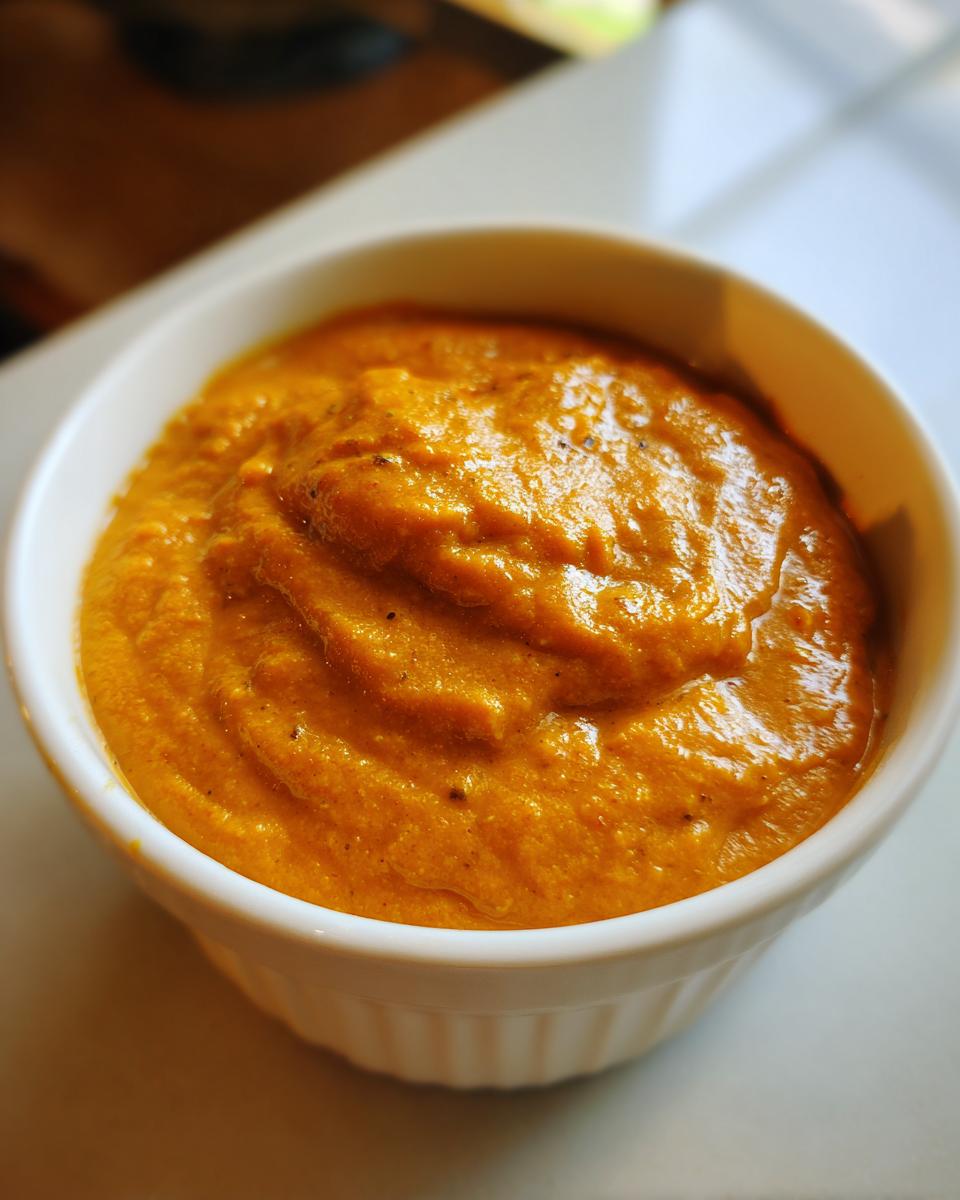 Close-up of thick, vibrant orange roasted butternut squash soup served in a small white ramekin.
