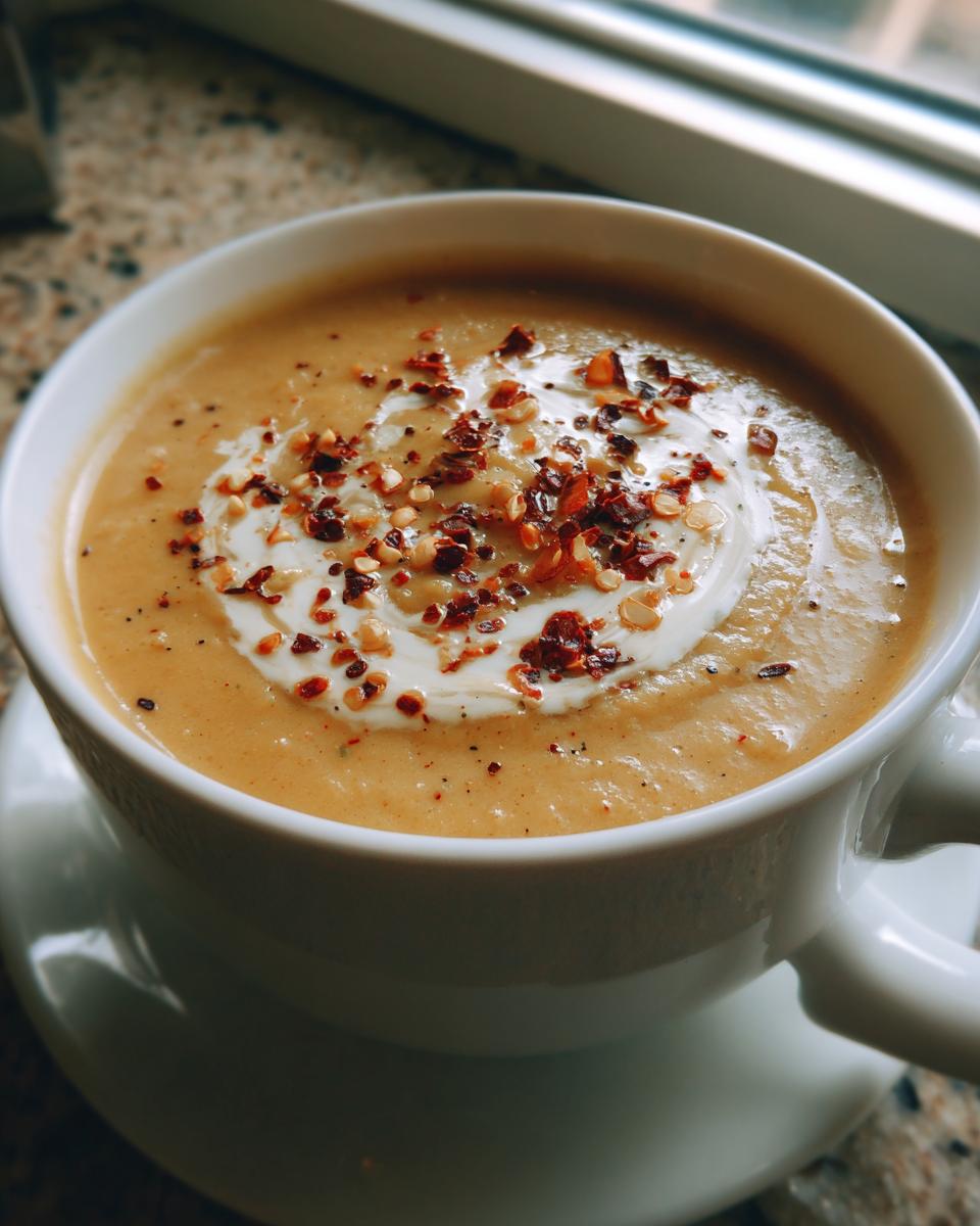 A close-up of a creamy roasted cauliflower soup topped with a swirl of cream and red pepper flakes.