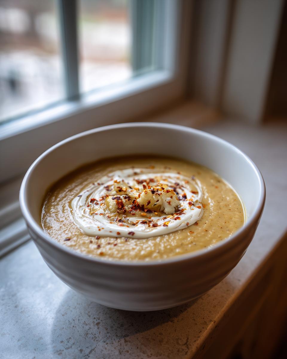 A bowl of creamy roasted cauliflower soup topped with a swirl of cream, roasted cauliflower florets, and chili flakes.