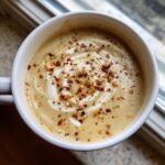 Overhead view of creamy roasted cauliflower soup in a white mug, swirled with cream and topped with red pepper flakes.