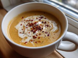 Close-up of creamy roasted cauliflower soup in a white mug, topped with cream swirl and red chili flakes.