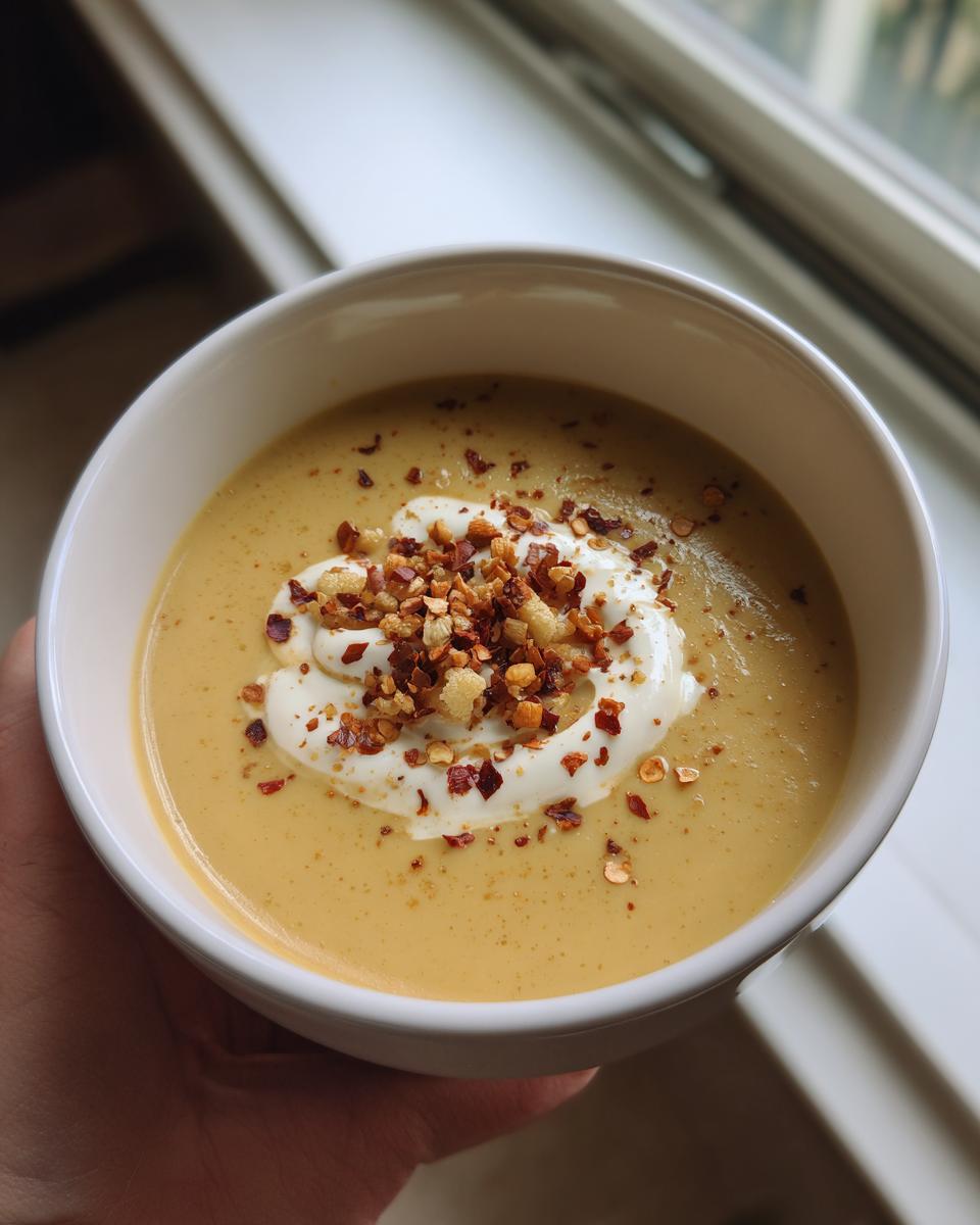 Close-up of a bowl of creamy roasted cauliflower soup topped with a swirl of cream and chili flakes.