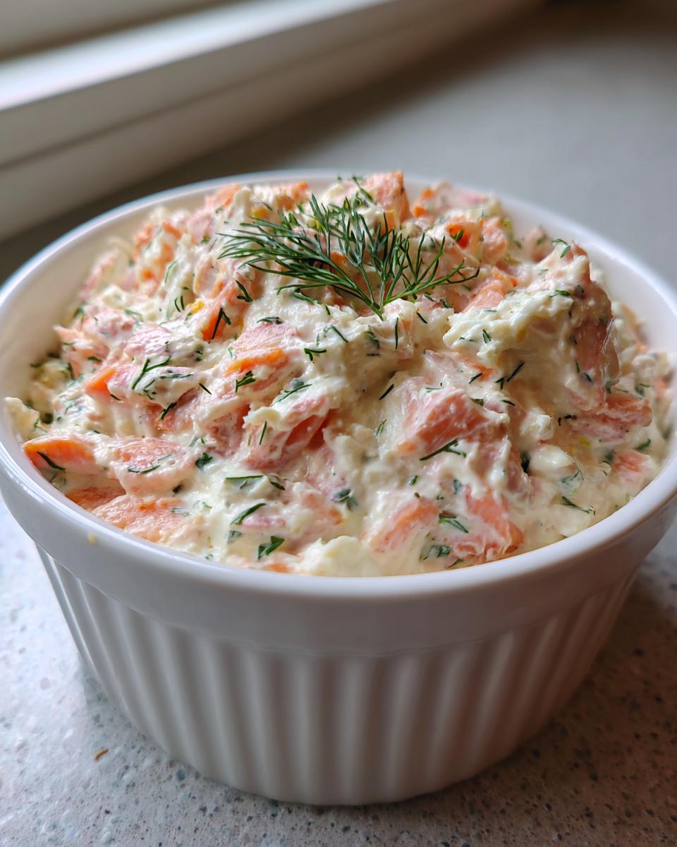 Close-up of creamy smoked salmon dip mixed with herbs, served in a white ramekin and topped with fresh dill.