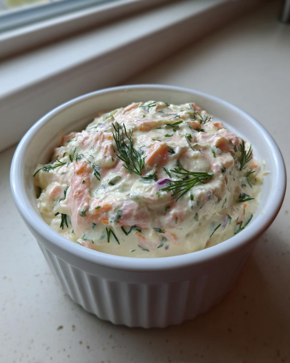 Close-up of a creamy smoked salmon dip garnished with fresh dill in a white ruffled bowl.