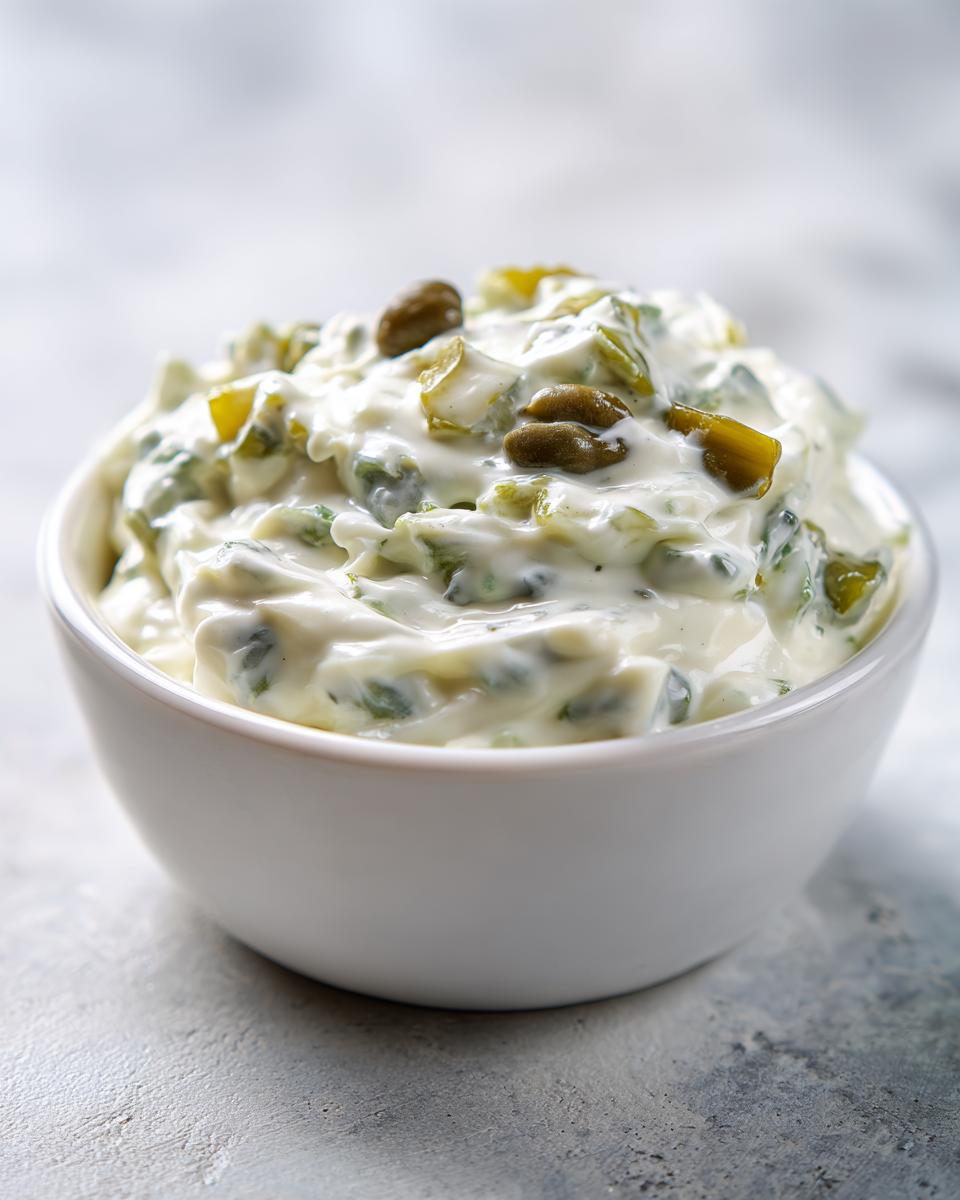 Close-up of creamy homemade tartar sauce recipe with chopped pickles and capers in a small white bowl.