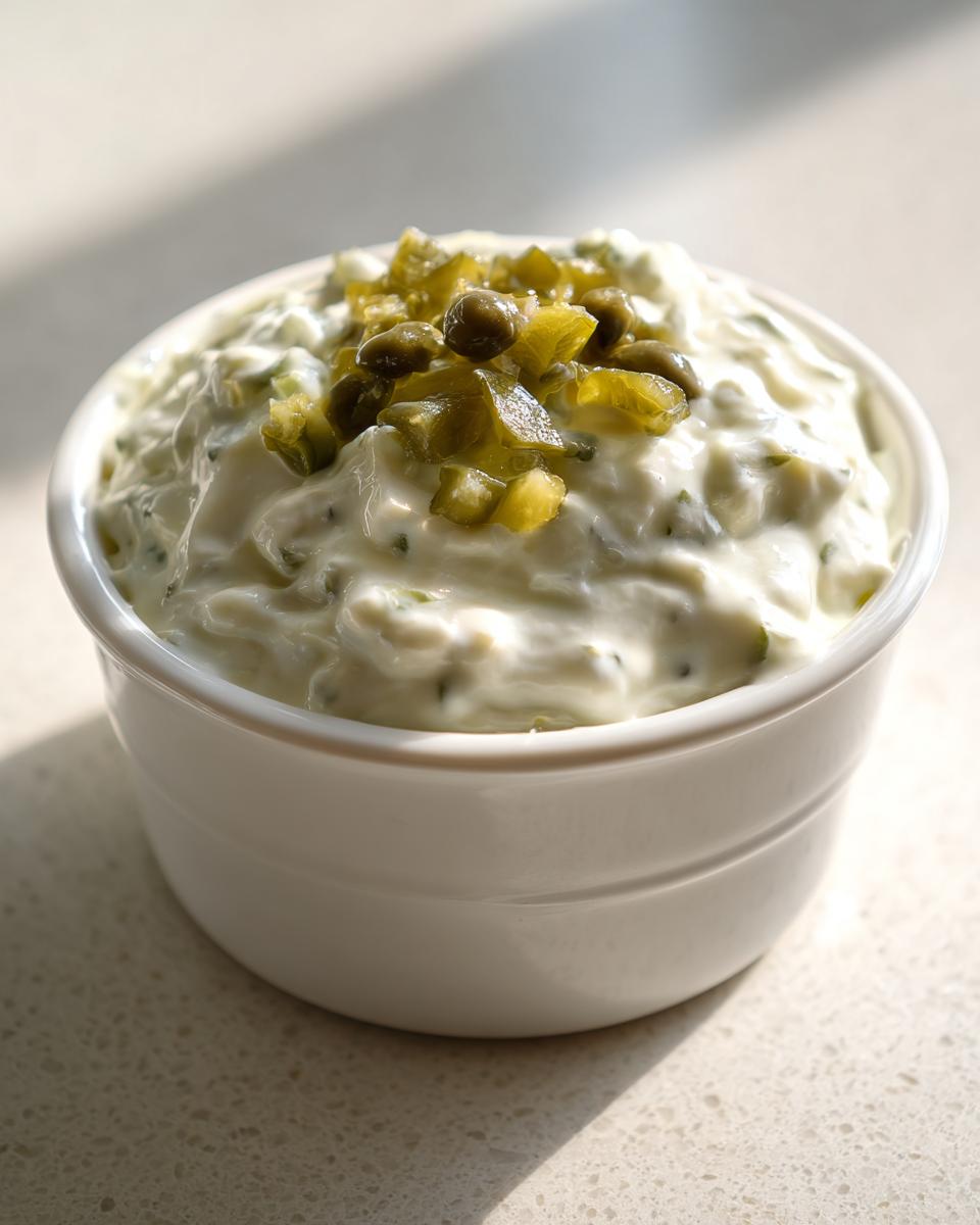 Close-up of homemade tartar sauce recipe in a white ramekin, topped with chopped pickles and capers.