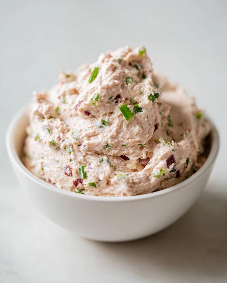 Close-up of a creamy, pale pink tuna dip mixed with green chives and red onion pieces in a white bowl.
