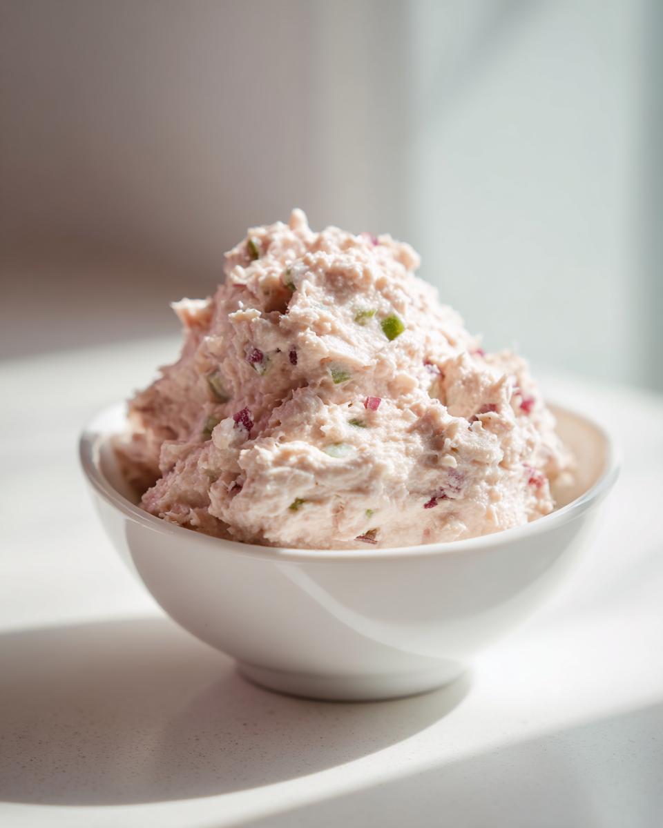 A generous mound of creamy, pink tuna dip mixed with visible red onion and green celery pieces in a white bowl.