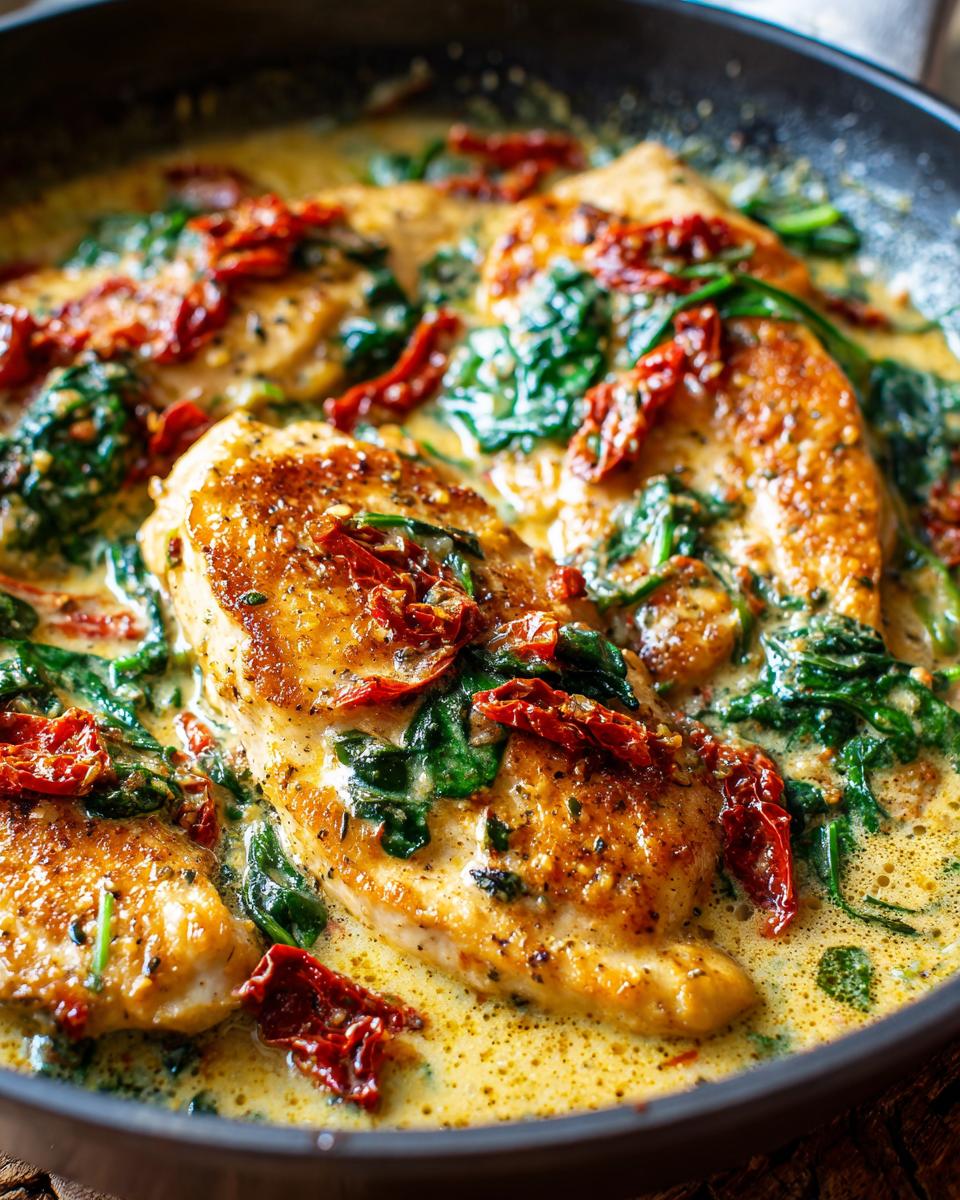 Close-up of seared chicken breasts smothered in a rich, creamy sauce with spinach and sun-dried tomatoes for creamy Tuscan chicken.