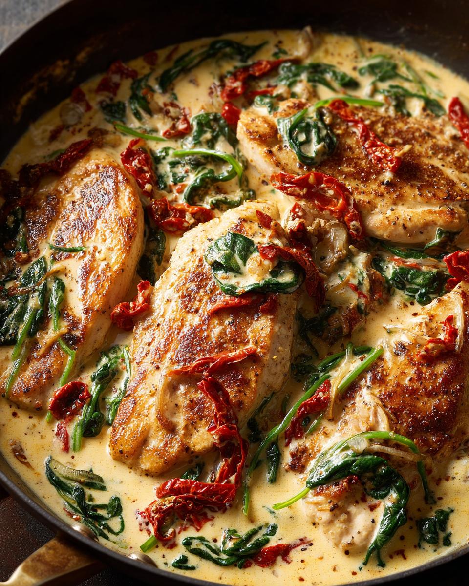 Close-up of seared chicken breasts simmering in a rich, creamy Tuscan sauce with wilted spinach and sun-dried tomatoes, featuring creamy tuscan chicken.
