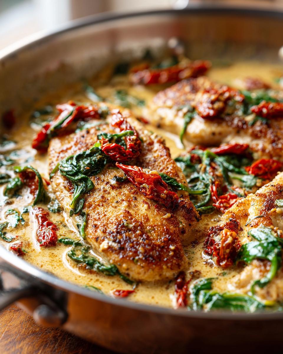 Close-up of pan-seared creamy Tuscan chicken breasts simmering in a rich sauce with spinach and sun-dried tomatoes.
