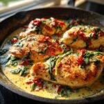 Four seared chicken breasts swimming in a rich, creamy Tuscan sauce with spinach and sun-dried tomatoes, the star of creamy tuscan chicken.