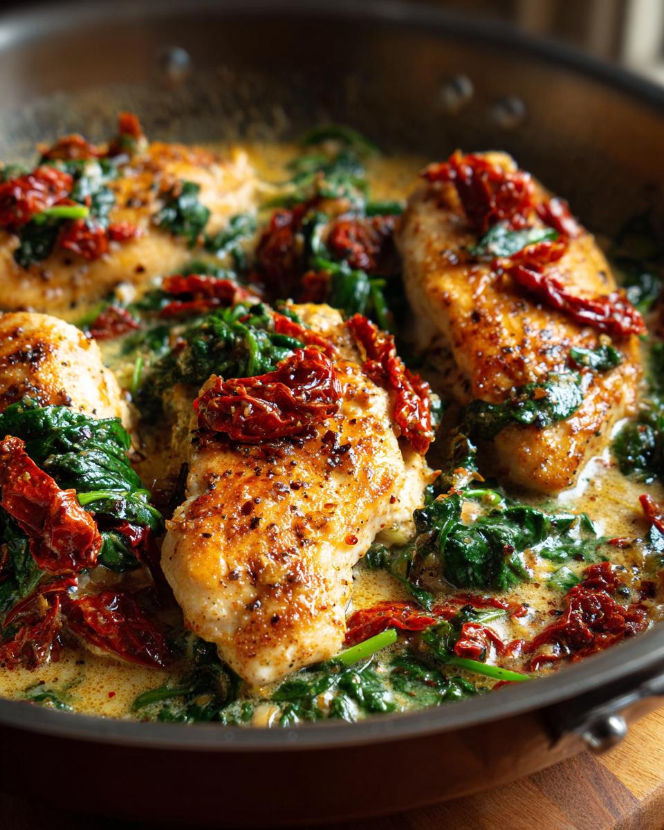 Close-up of golden-brown chicken breasts simmering in a rich, creamy sauce with spinach and sun-dried tomatoes, featuring creamy Tuscan chicken.