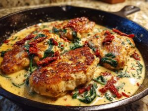 Four golden-brown chicken breasts simmering in a rich, creamy Tuscan sauce with spinach and sun-dried tomatoes, our creamy Tuscan chicken.