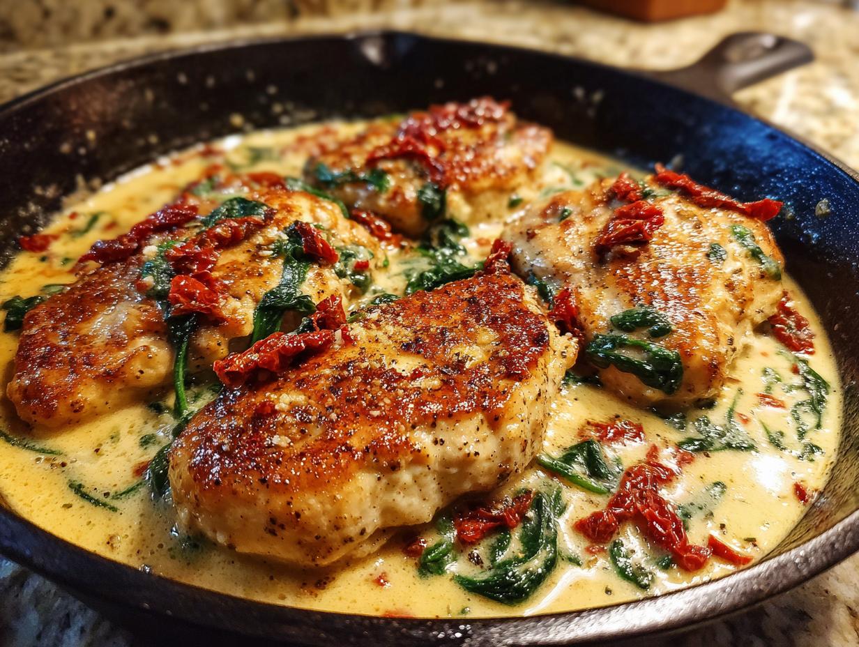 Four golden-brown chicken breasts simmering in a rich, creamy Tuscan sauce with spinach and sun-dried tomatoes, our creamy Tuscan chicken.