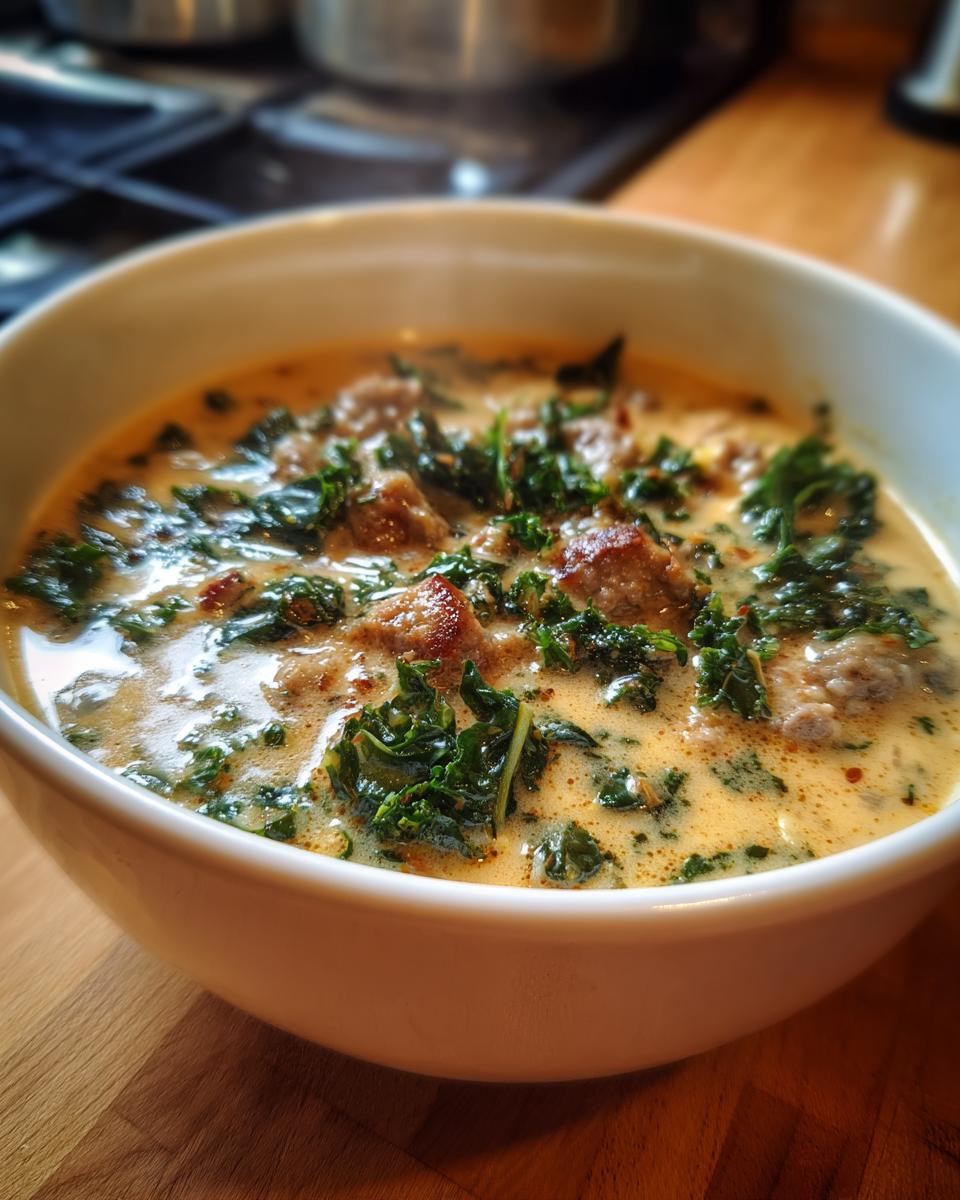 Close-up of a steaming bowl of creamy Tuscan white bean soup featuring chunks of sausage and bright green kale.