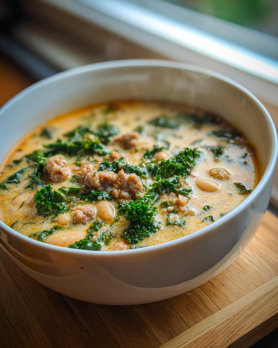 Close-up of a steaming bowl of creamy Tuscan white bean soup featuring white beans, sausage, and dark green kale.