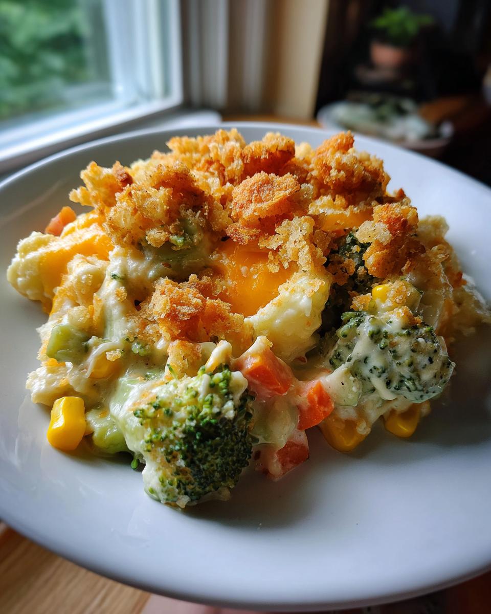 A serving of creamy vegetable casserole featuring broccoli, carrots, and corn, topped with golden breadcrumbs.