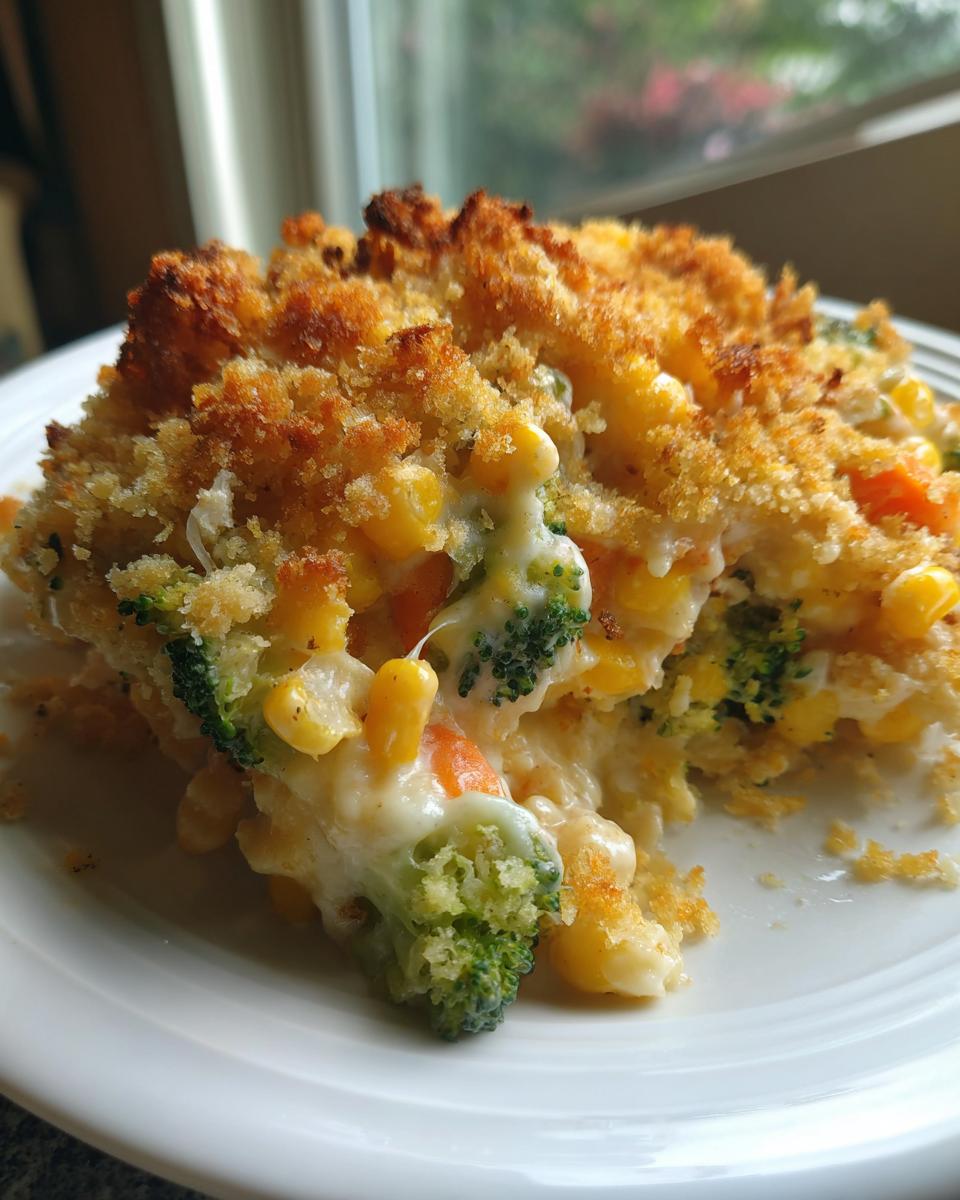 A close-up of a creamy vegetable casserole slice featuring broccoli, corn, and carrots under a golden, crunchy breadcrumb topping.