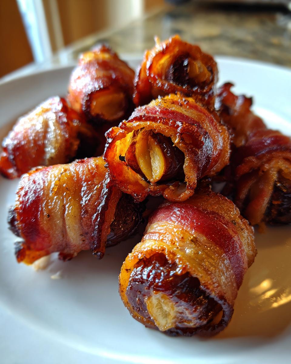 A close-up shot of several perfectly cooked, crispy bacon-wrapped dates piled on a white plate.