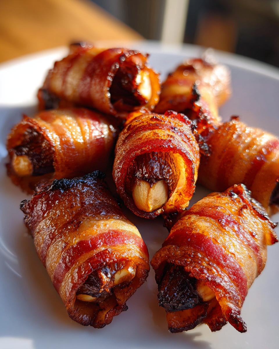 A close-up shot of several perfectly cooked, crispy bacon-wrapped dates arranged on a white plate.