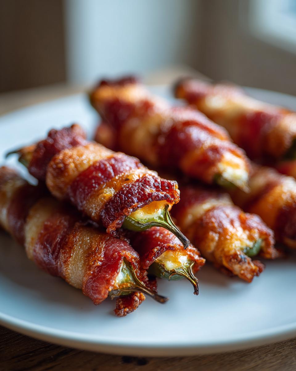 Close-up of several crispy, baked Bacon-Wrapped Jalapeño Poppers piled on a white plate.