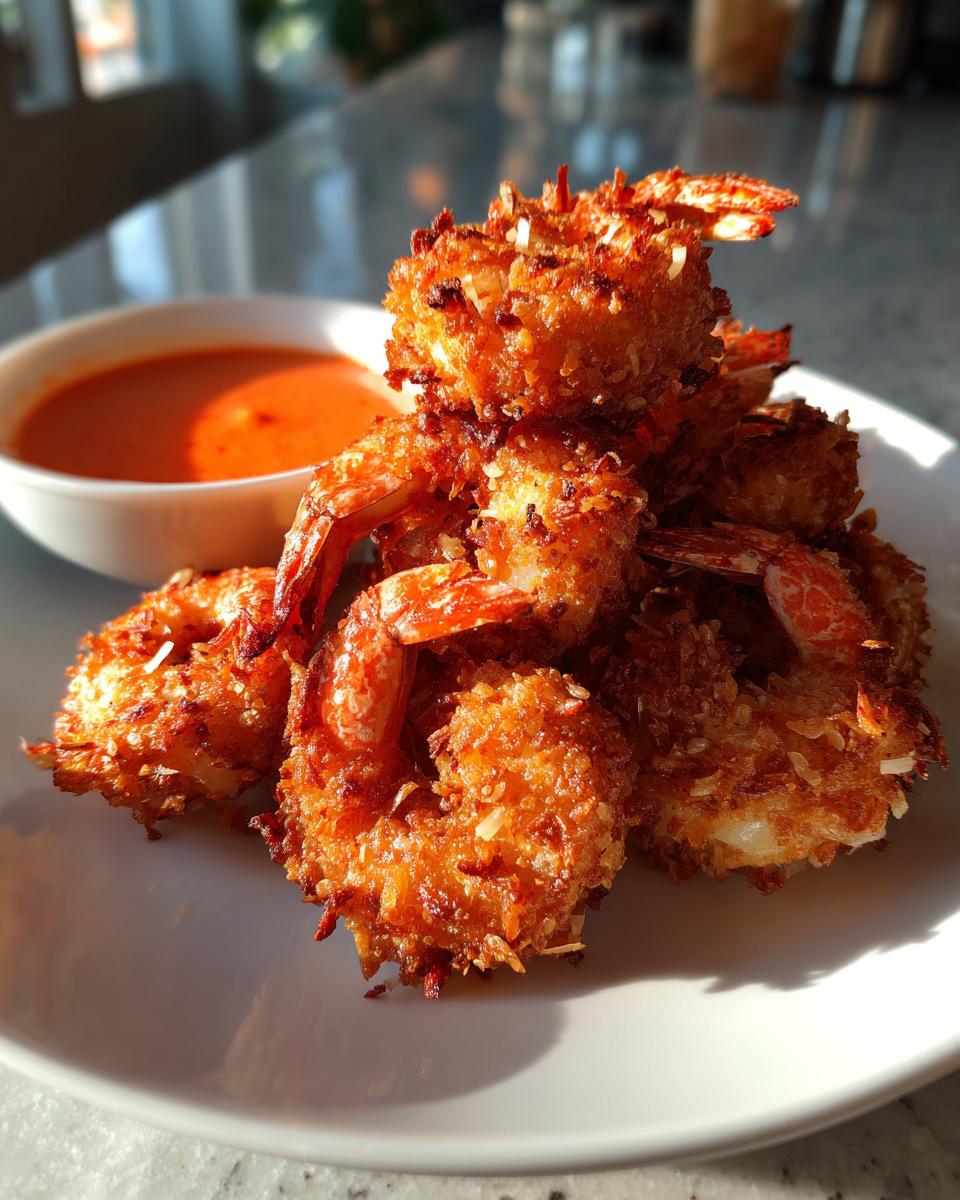A stack of golden brown, crispy coconut shrimp served on a white plate next to a small bowl of orange dipping sauce.