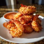 A stack of perfectly golden, crispy coconut shrimp served on a white plate next to a small bowl of orange dipping sauce.